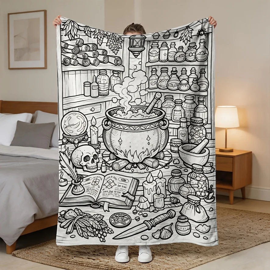 Cozy Witchy Apothecary Throw Blanket Bohemian Boho Cottagecore Spell Book Cauldron Mystical Tarot Art Halloween Decor Fleece