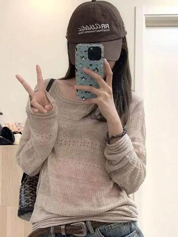 Loose Long Sleeve Hollow out Knitted Sweater Women's Early Autumn Fashion Simple Style Comfortable Fit Base Top Korean Style