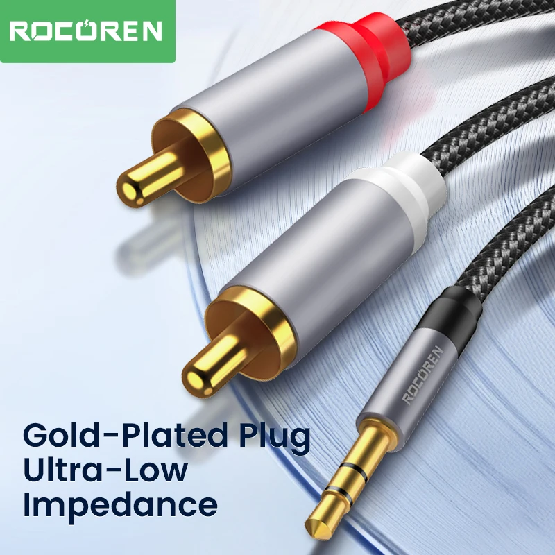 Kabel Rocoren 3.5mm do 2RCA kabel Audio Aux 3.5 Jack do 2 RCA męski rozdzielacz adaptera do TV, pudełko przewód zasilający głośnik wzmacniacz wideo