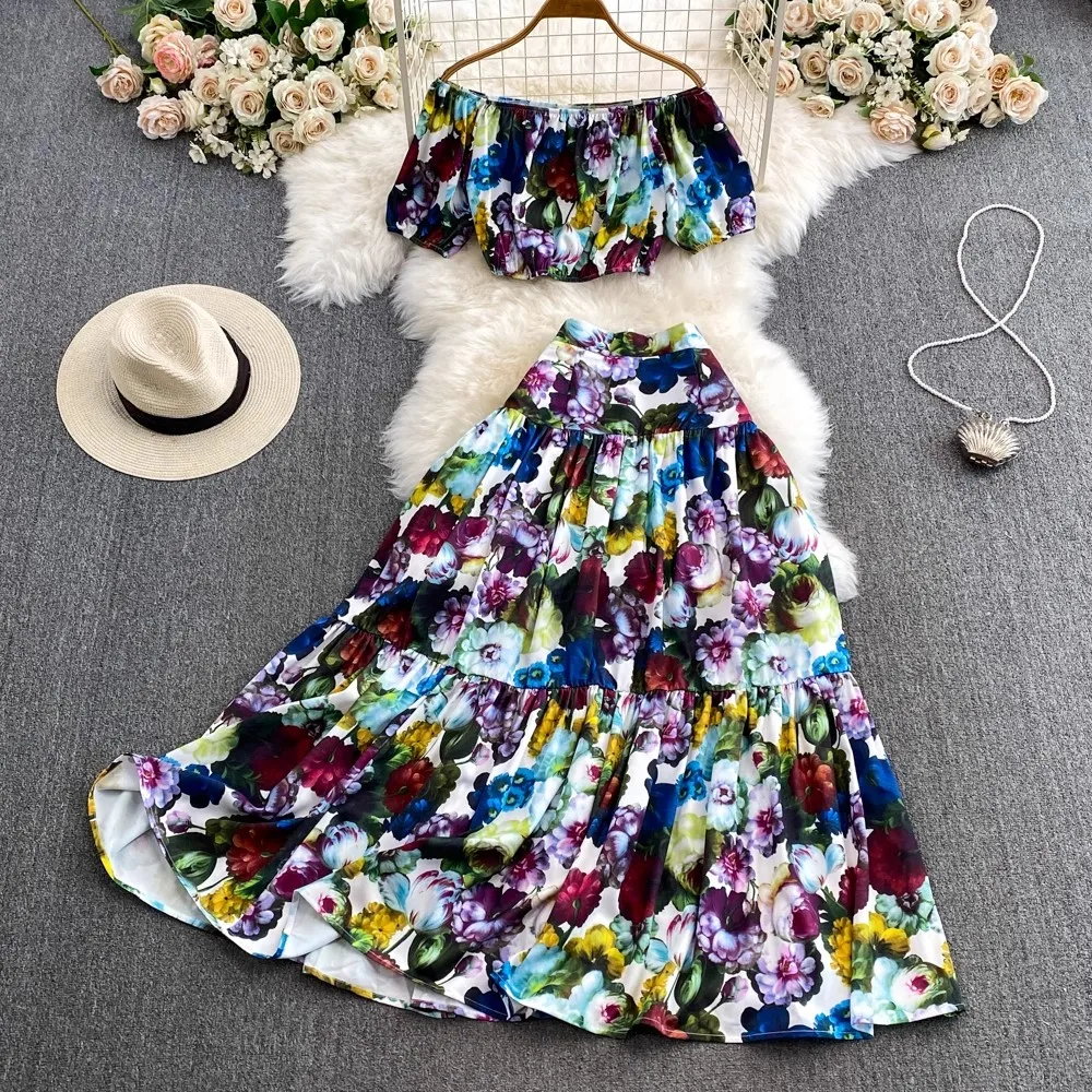 Summer Runway Flower Two Piece Set Women\'s Slash Neck Elastic Short Crop Tops + Holiday Beach Maxi Skirt Suits Female Outfits