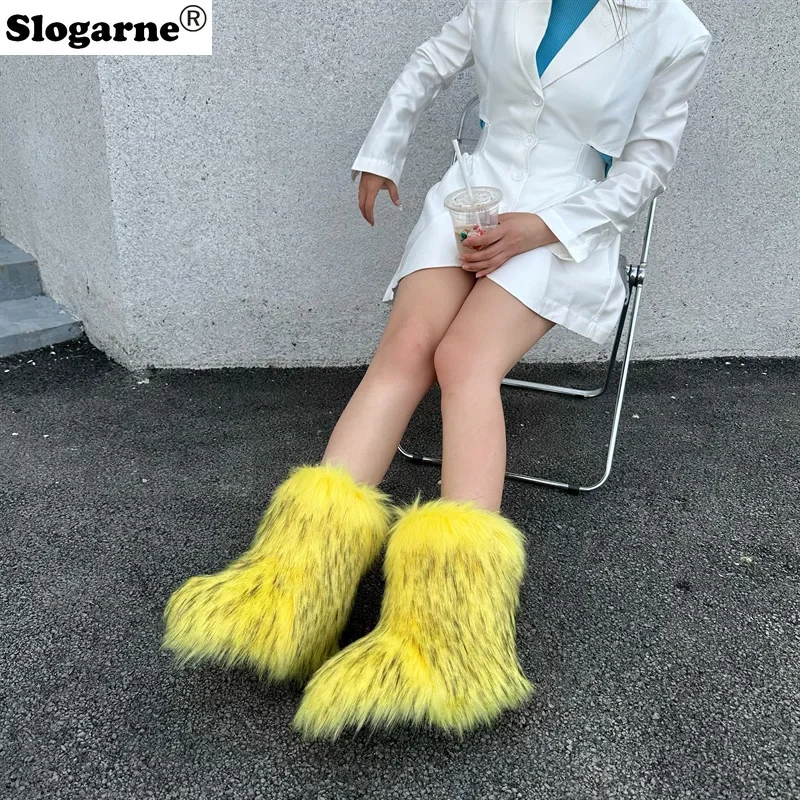 Winter Shoes Women Winter Fluffy Faux Raccoon Fur Boots Girls New Push Warm Snow Boots Luxury Footwear Fahsion Furry Fur Bottes