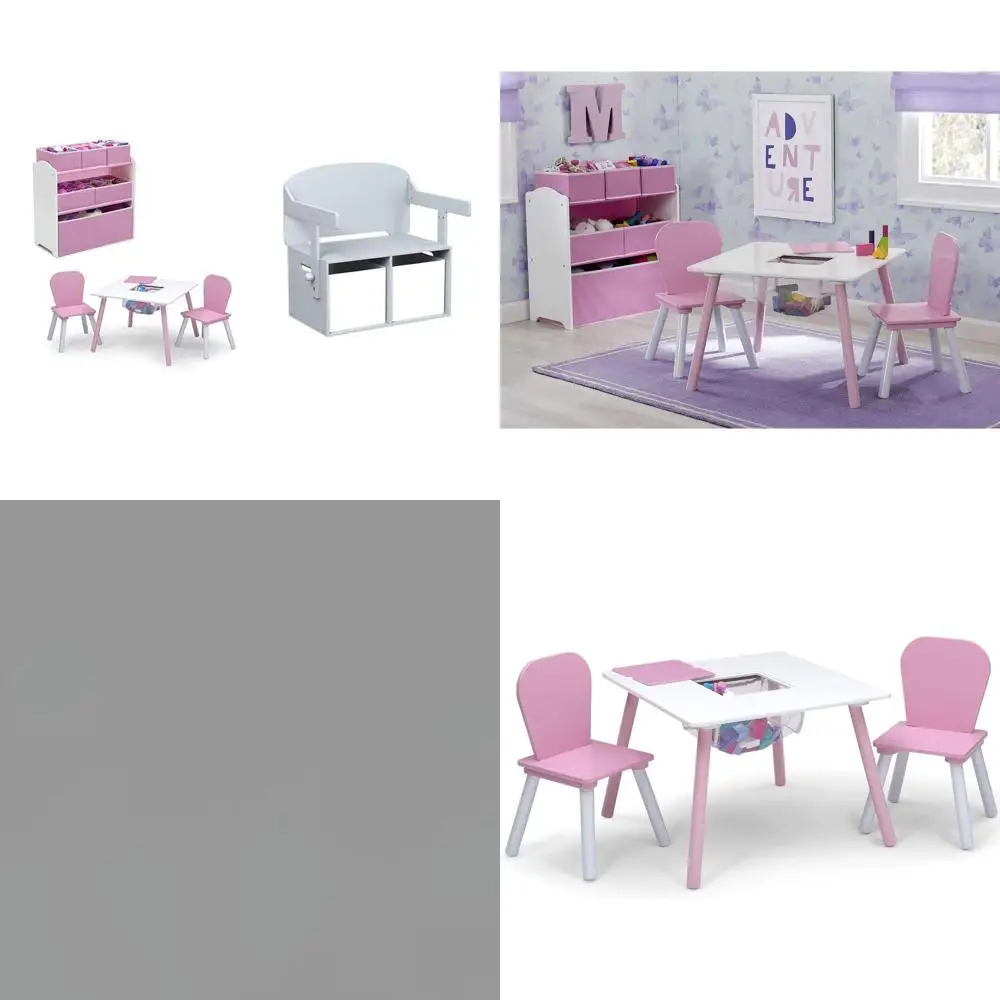 

Toddler Playroom Furniture Set with Storage Bench and Activity Table in Pink, White, and Grey