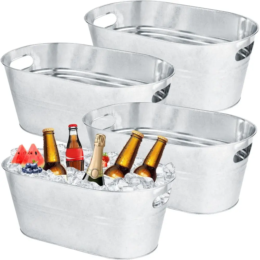 

4-Pack 4-Gallon Galvanized Metal Ice Buckets with Handles for Champagne, Cocktails, and Beverages - Ideal for Home Parties and B
