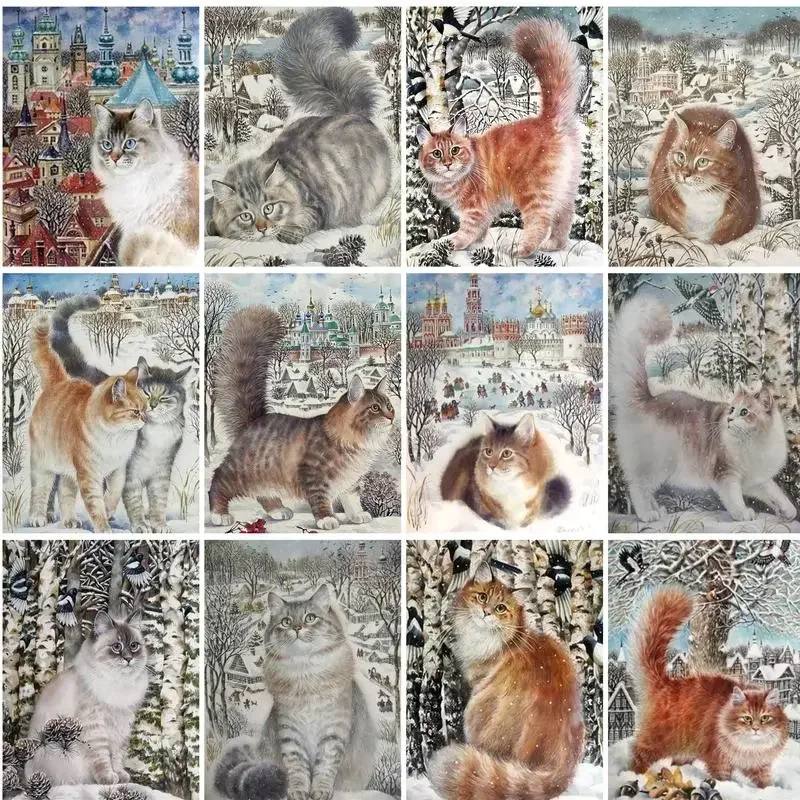 

600302 PhotoCustom DIY Painting Snow Cat Canvas Pictures Oil Painting Animals For Living Room Wall Art Home Decoration Gift