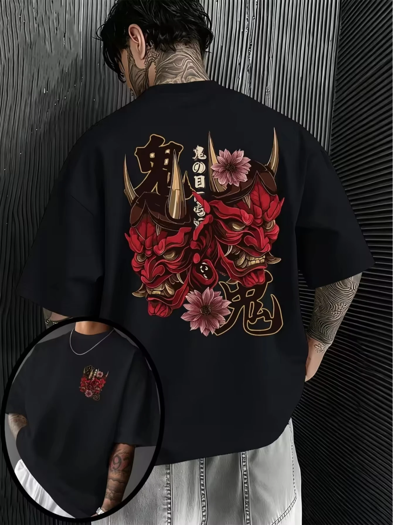 Summer New Men's Vintage Trend Round Neck T-Shirt with Red Mask Pattern Print, Daily Fashion Versatile Casual Short Sleeve Tee