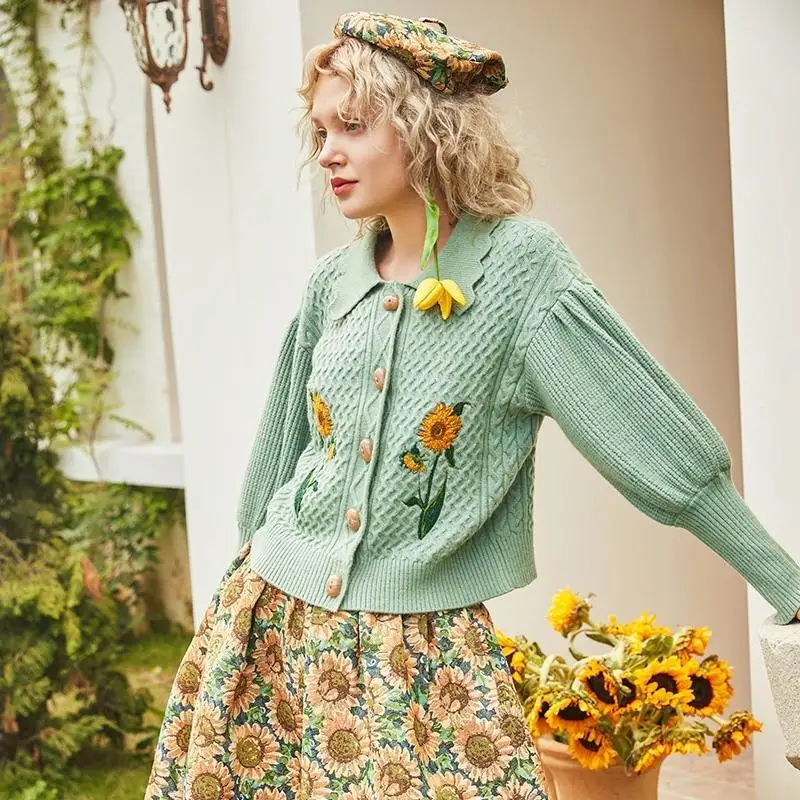 Women Autumn Winter Retro Sunflowers Embroidery Knitted Cardigan Twist Crocheted Sweater Coat Lantern Sleeve Knitwear Tops+Skirt