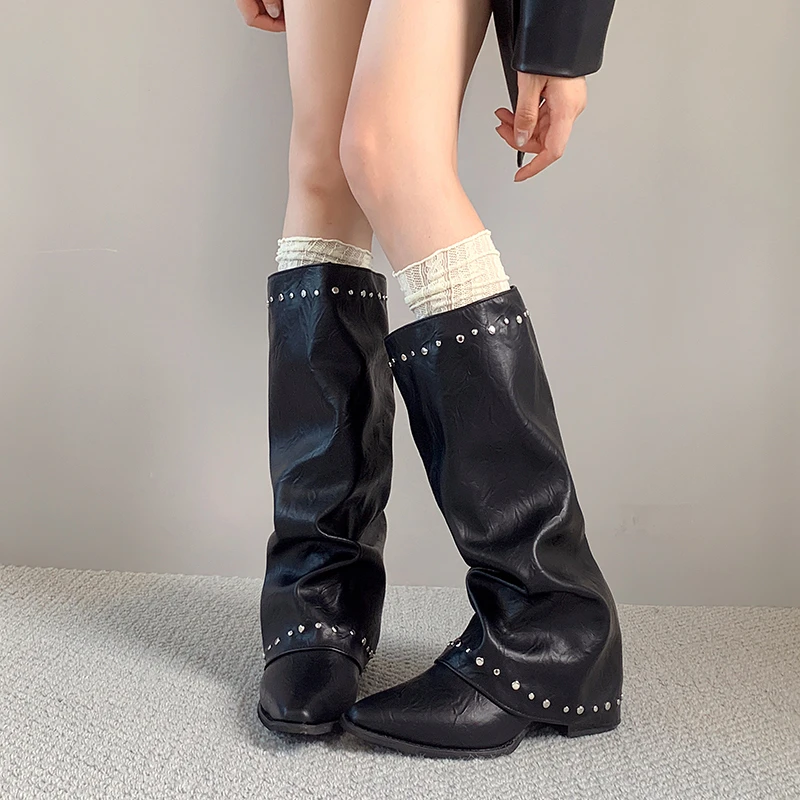Pointed Toe Rivet Wide Calf Long Boots Women Ruched Slip On Block Heel Vintage Western Knee High Boots Ladies Fashion Footwear