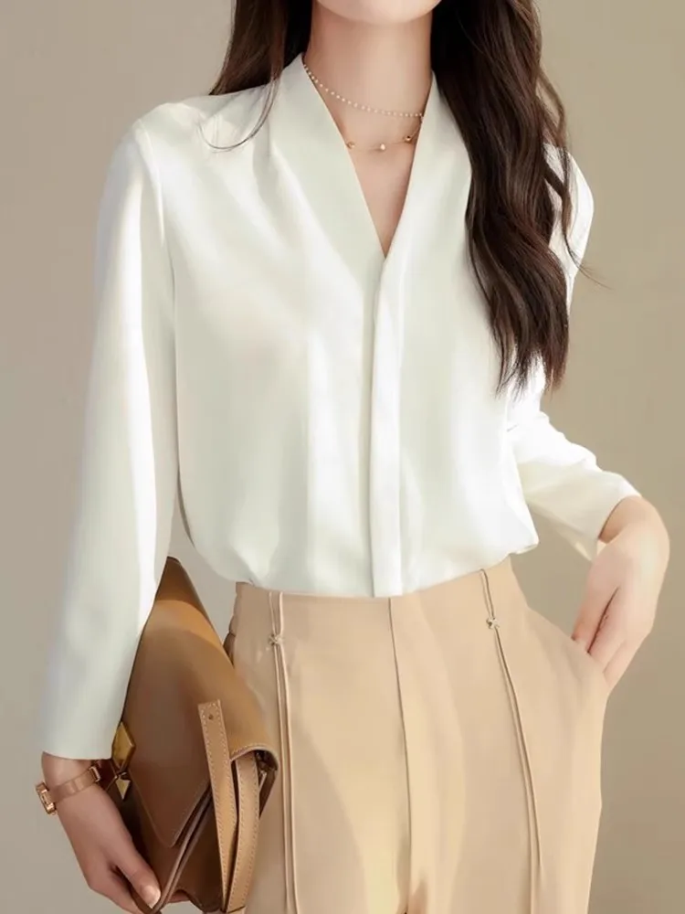 

Элегантная шелковая рубашка с V-образным вырезом для женщин, весенне-осенняя, для офиса, профессиональная, многослойная, базовая, зимняя, в корейском стиле, свободного кроя