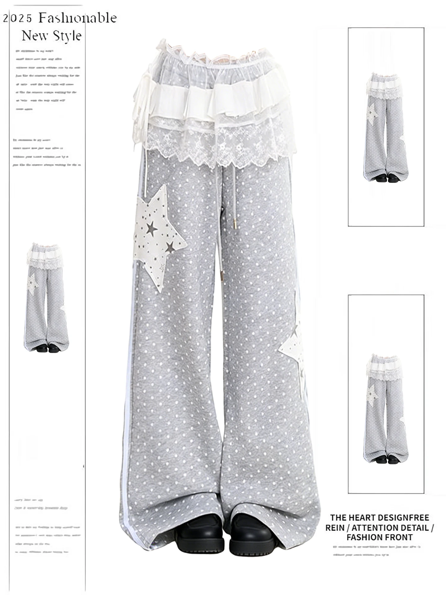 

Женские повседневные брюки прямого кроя для весны и осени, легкие, в стиле субкультуры, с принтом в горошек и нашивками-звездами, свободного кроя, визуально стройнящие