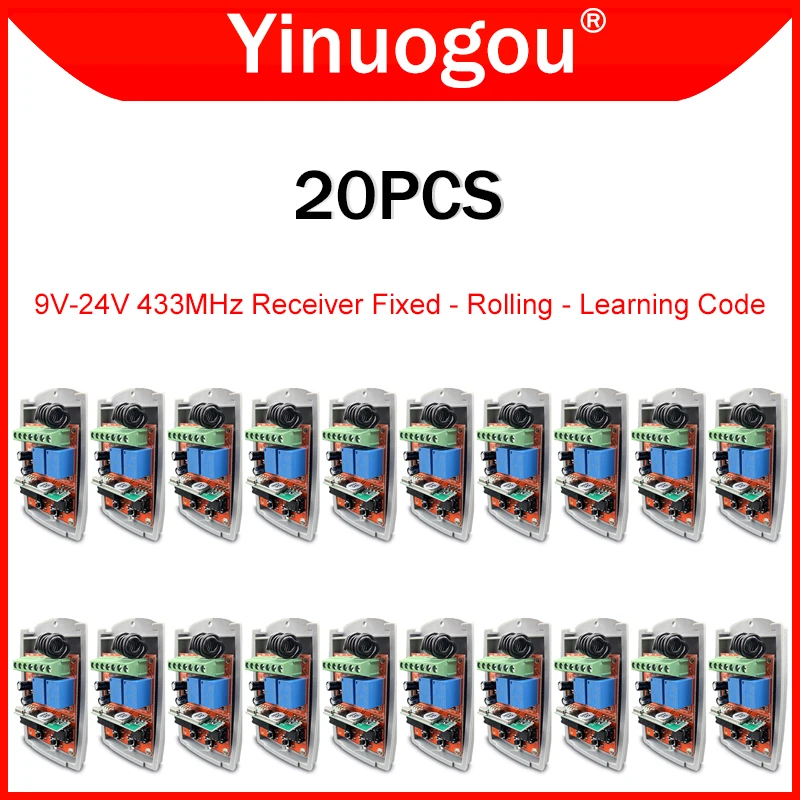 

20PCS 433MHz Universal Gate Remote Control Receiver 9-24V 2CH Rf Relay Receiver Garage Door and Gate Control Fixed Rolling Code