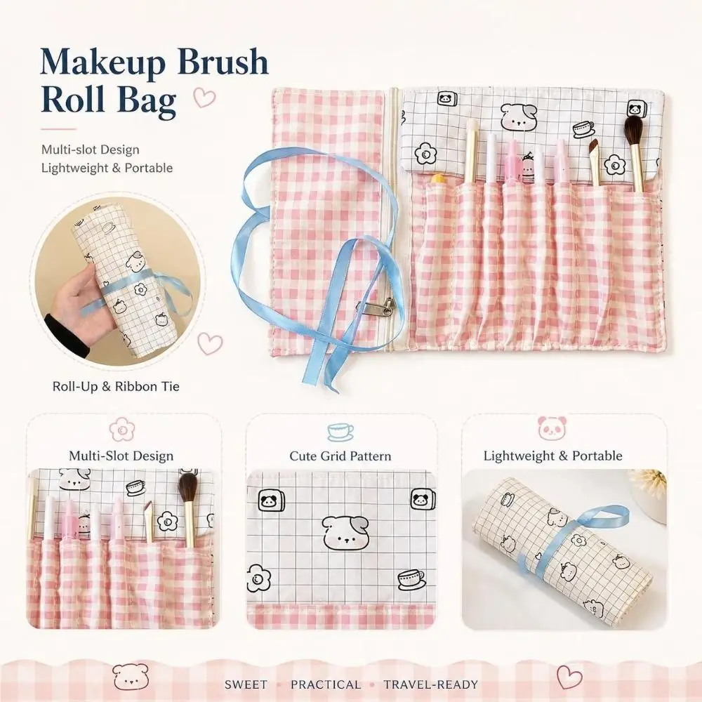 Multi-Slot Makeup Brush Roll Bag Grid Pattern Ribbon-Tie Cosmetic Brush Pouch Roll-Up Lightweight Brush Storage Wrap