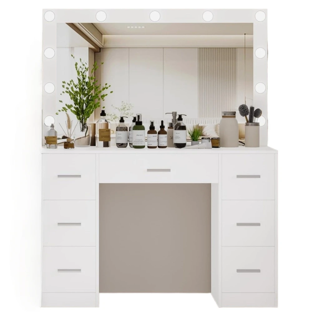 Vanity Table, Makeup Table with Lighted Mirror, 3 Color Lighting Modes, Brightness Adjustable, Dressing Table with Drawers