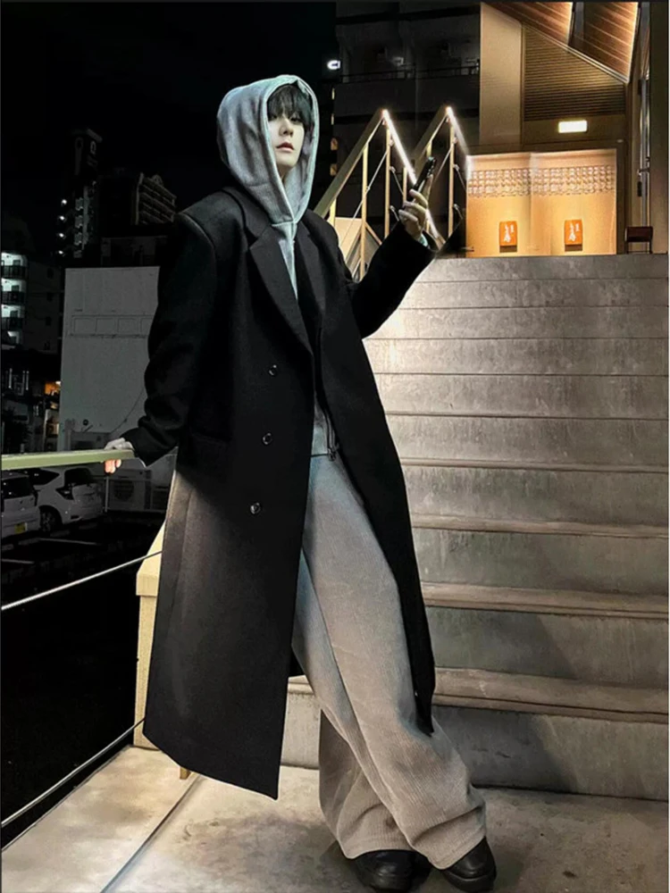 

Корейское шерстяное мужское пальто средней длины до колен, осенне-зимнее, модное, утепленное, в стиле кэжуал