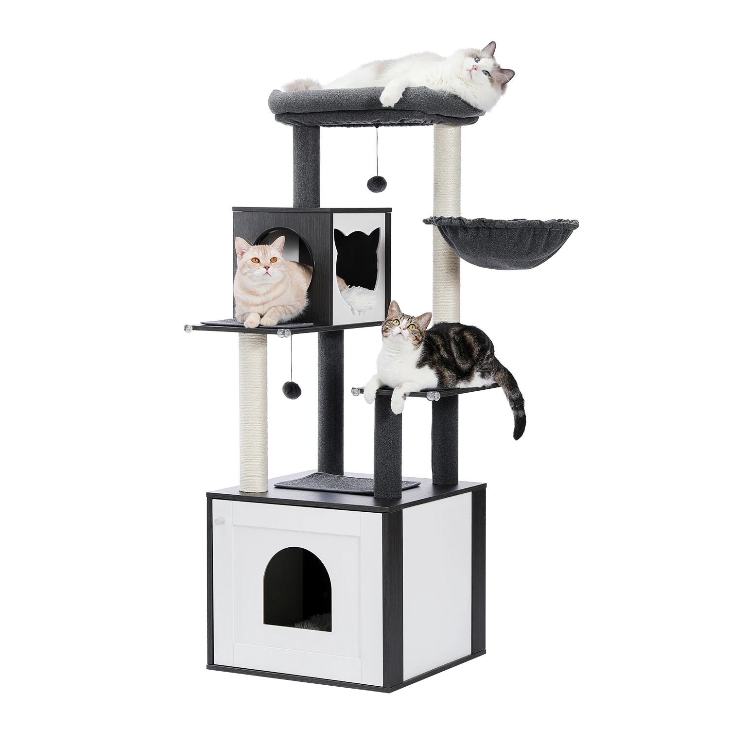 

Multi-Level Cat Tree with Sisal Scratching Posts Storage Cabinet Cozy Hammock Large Cat Condo Wood Cat Tower for Indoor Cat Toys