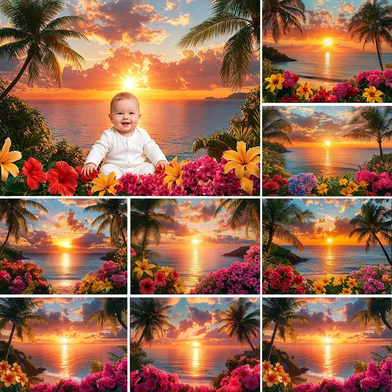 

Summer Sunset Photography Background Beach Palm Trees Floral Decor Props Baby Shower Kids Adults Portrait Photo Backdrop Studio