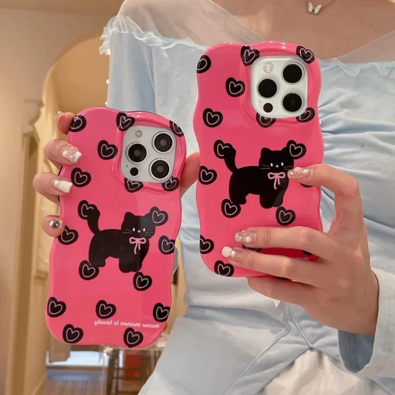 

Retro Pink Bow Tie Black Cat Girls Phone Case For IPhone 17 16 15 14 13 12 Pro Max Case Cute Luxury Sweet Cartoon Soft Cover