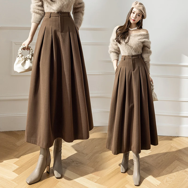 Vintage Winter Woolen Long Skirts For Women Streetwear High Waist Pleated Maxi Skirt Big Swing Folds A-Line Jupe Longues Femme