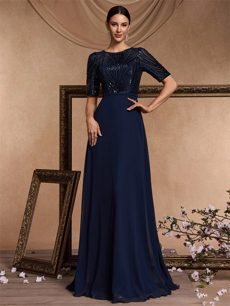 BLUEPLUM elegante korte mouwen blauwe pailletten avondjurk luxe vrouwen chiffon zeemeermin bruidsmeisje partij maxi prom jurken