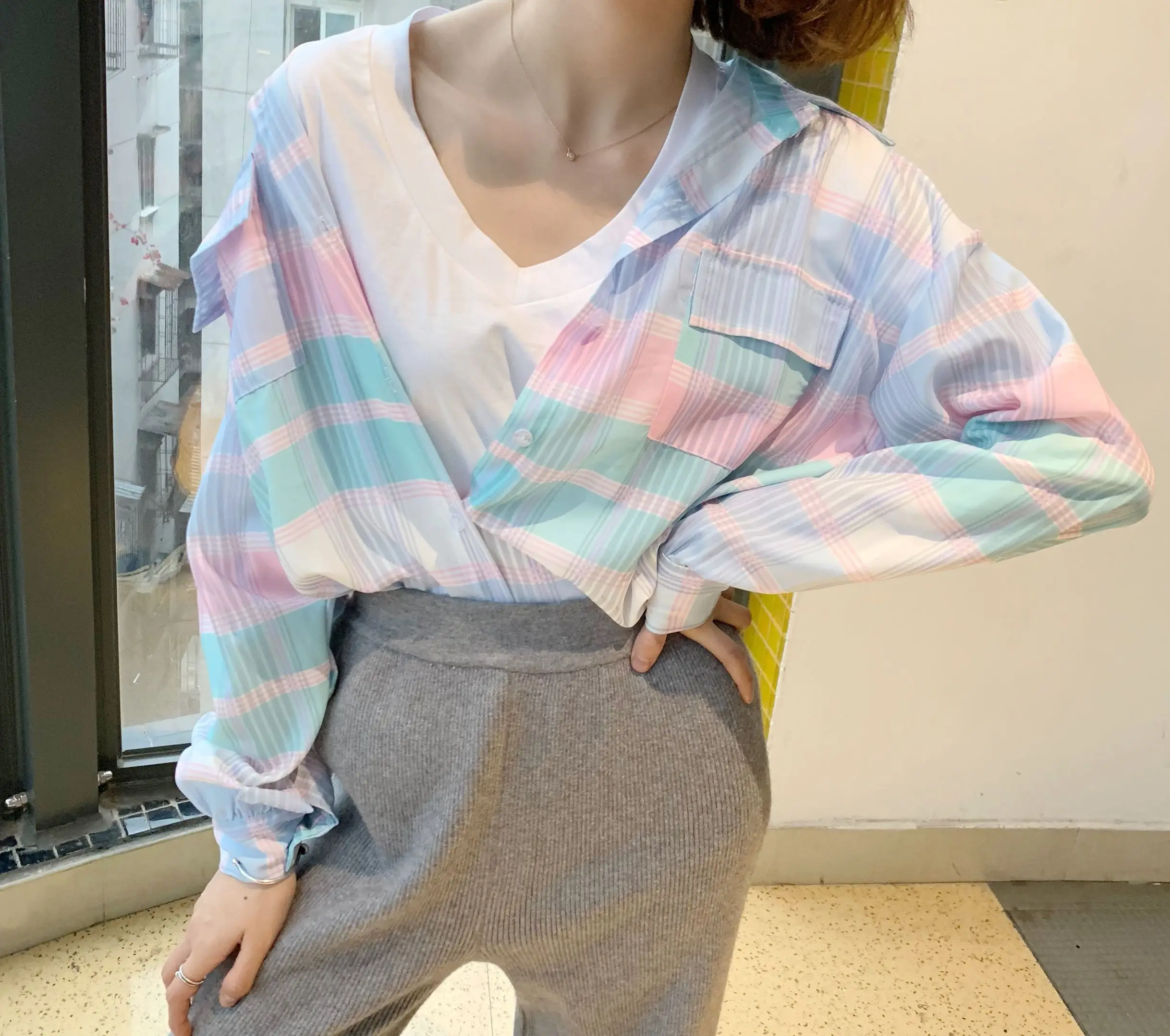 Women's Plaid irt Long Sve Loose Spring Autumn Thin Outerwear Top Hong Kong Sle HyunA  irt Korean Version