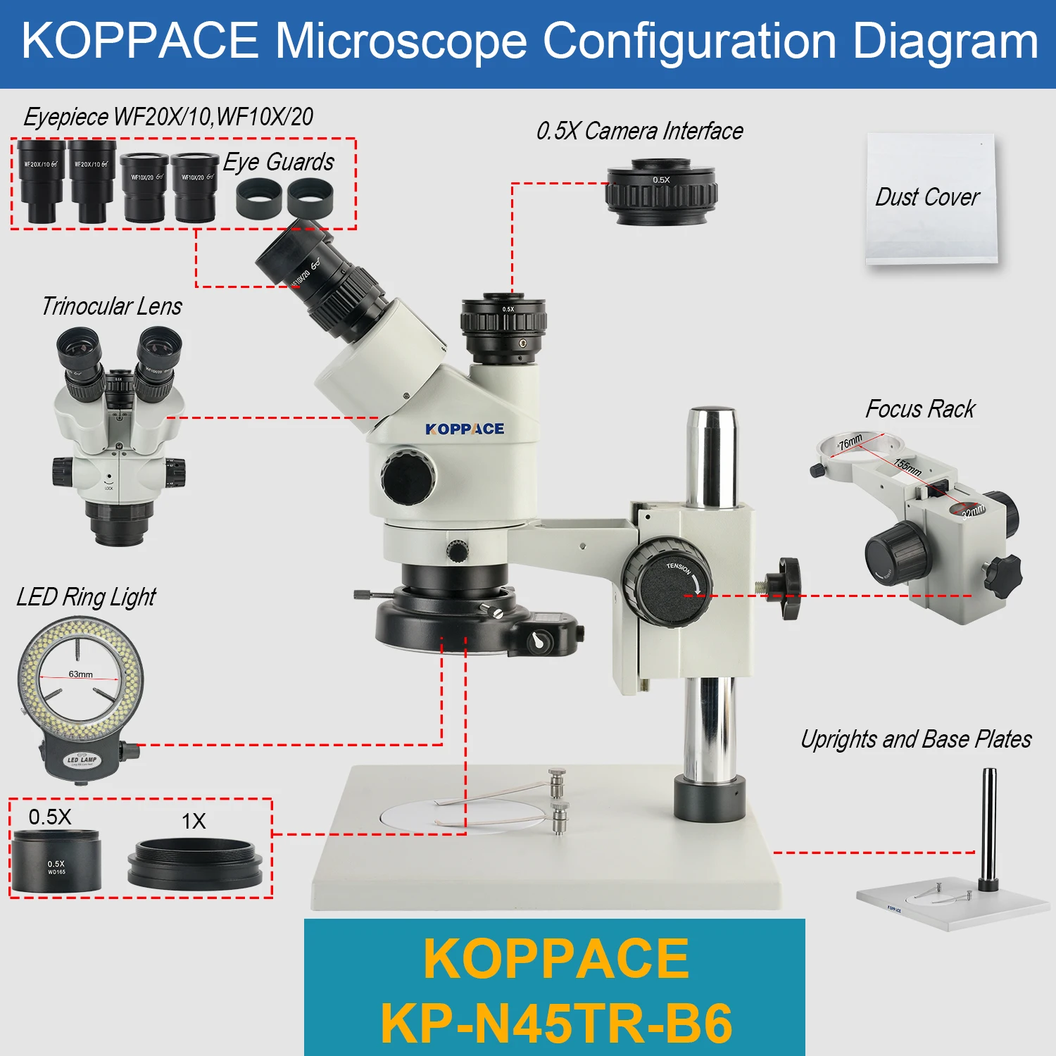 ‌KOPPACE 3.5X-90X Trinocular Stereo Microscope with 0.5X Barlow Lens, Large Platform & Continuous Zoom for Electronics/PCB/Lab‌