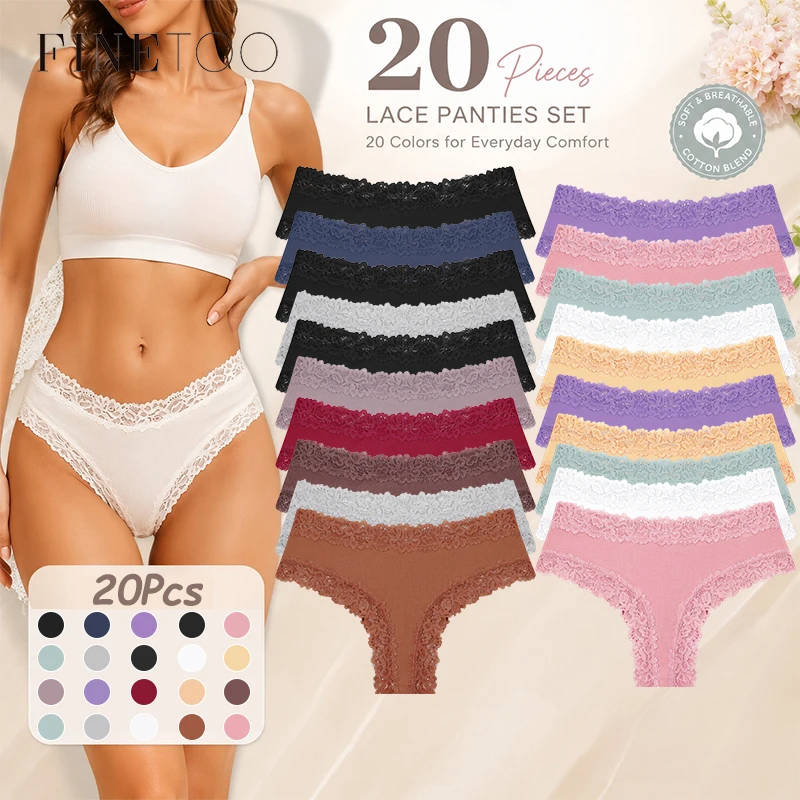 FINETOO 20Pcs/Set Women Cotton Lace Trim Bikini Panties Soft Ribbed Mid Rise Breathable Multicolor Floral Lace Underwear Comfort Daily No Show Briefs S-XL Size
