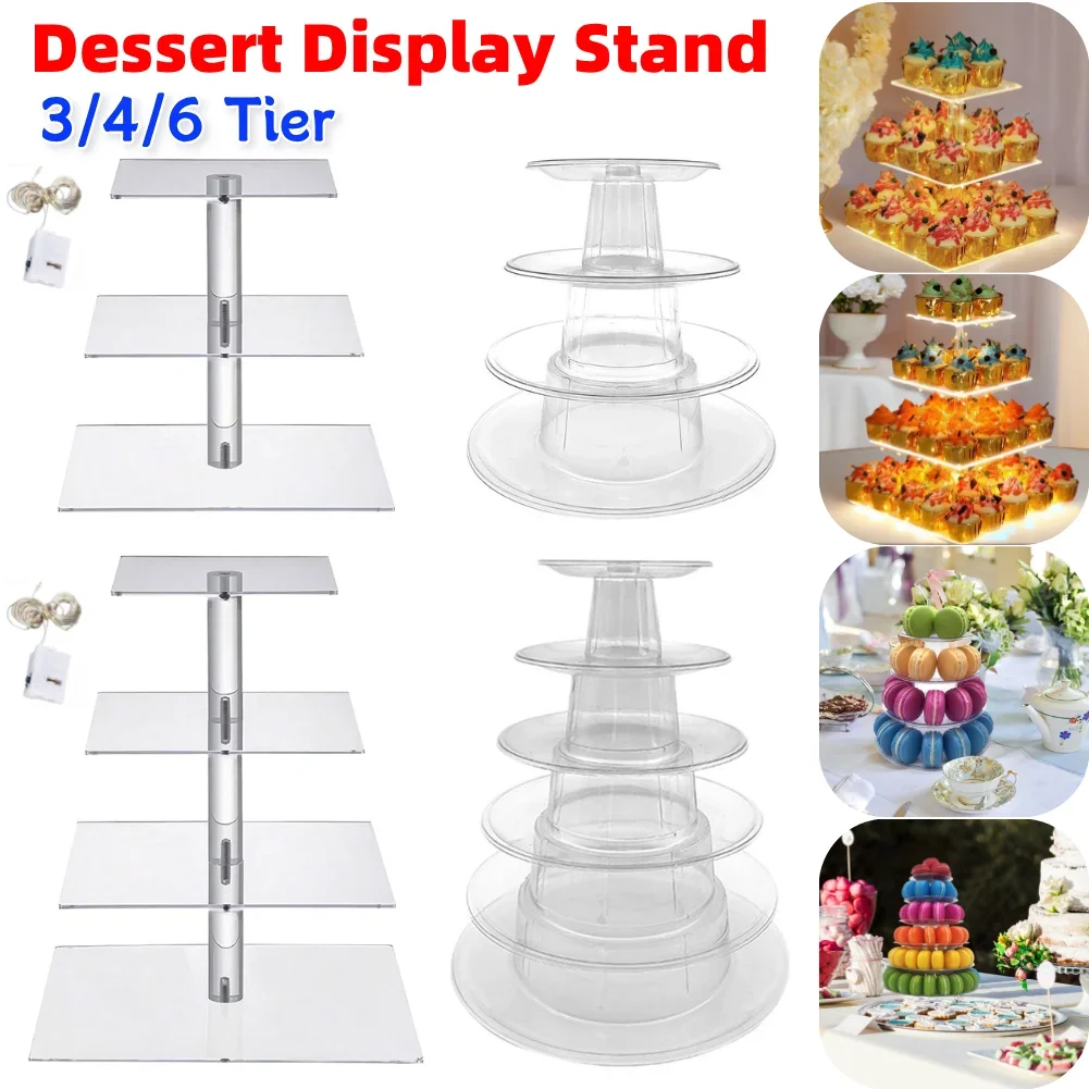 Suporte de exibição de sobremesa acrílico de 3/4/6 camadas com luz LED quadrado/redondo expositor servindo prato para festa de casamento de aniversário