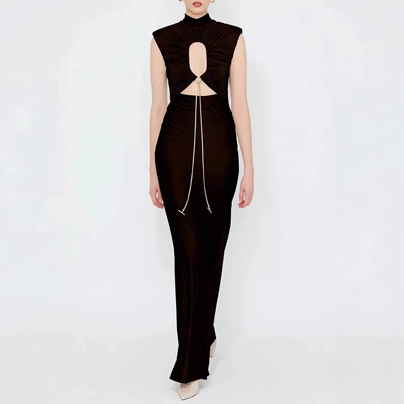 Trendy Woman Clothes 2025 Spring Solid Lace-up Draped Party Dress Woman Hollow Slim Long Dress Summer Sleeveless Zips Boho Dress