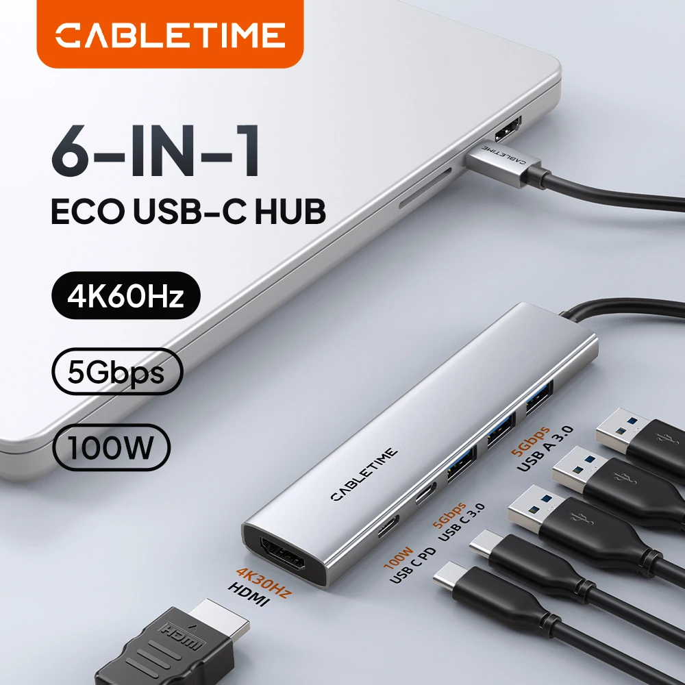 

CABLETIME USB Type C Hub 6 in 1 4K HDMI PD SD/TF Card Reader Fast Charge Adapter C hub for MacBook Pro/Air USB C Splitter