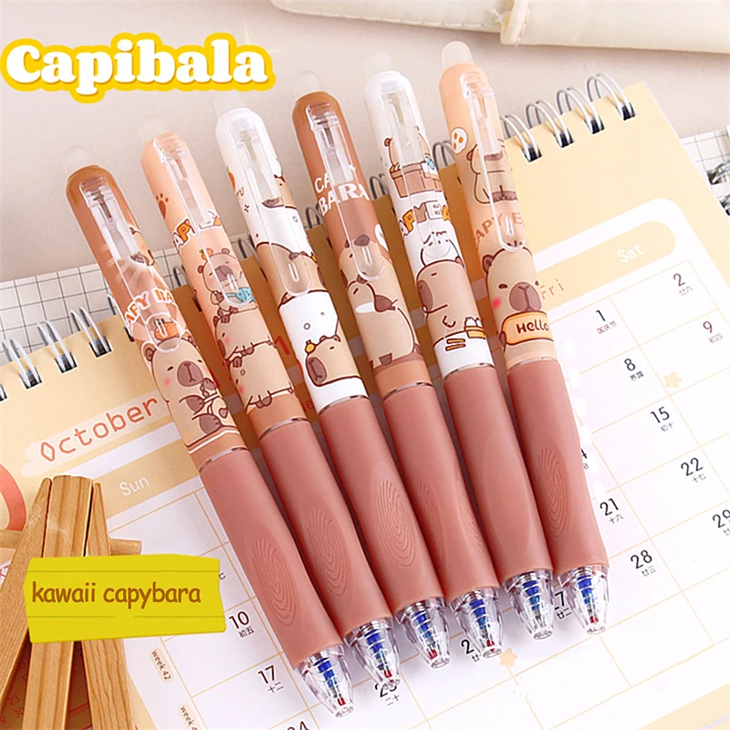 6Pcs Kawaii Capybara ชุดปากกาเจลได้อย่างรวดเร็วแห้ง 0.5 มม.สีฟ้า Erasable ปากกาอุปกรณ์สํานักงานโรงเรียนเครื่องเขียนนักเรียนของขวัญ