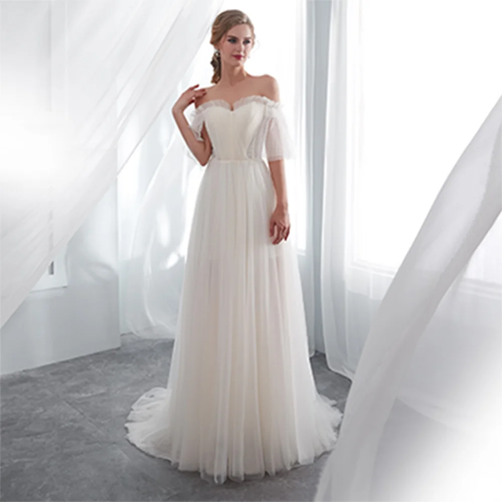 Half Sleeves Temperament Pleats Wedding Dress  A-Line Floor Length Strapless Off the Shoulder Tulle Sweep Train Zipper Back 2024