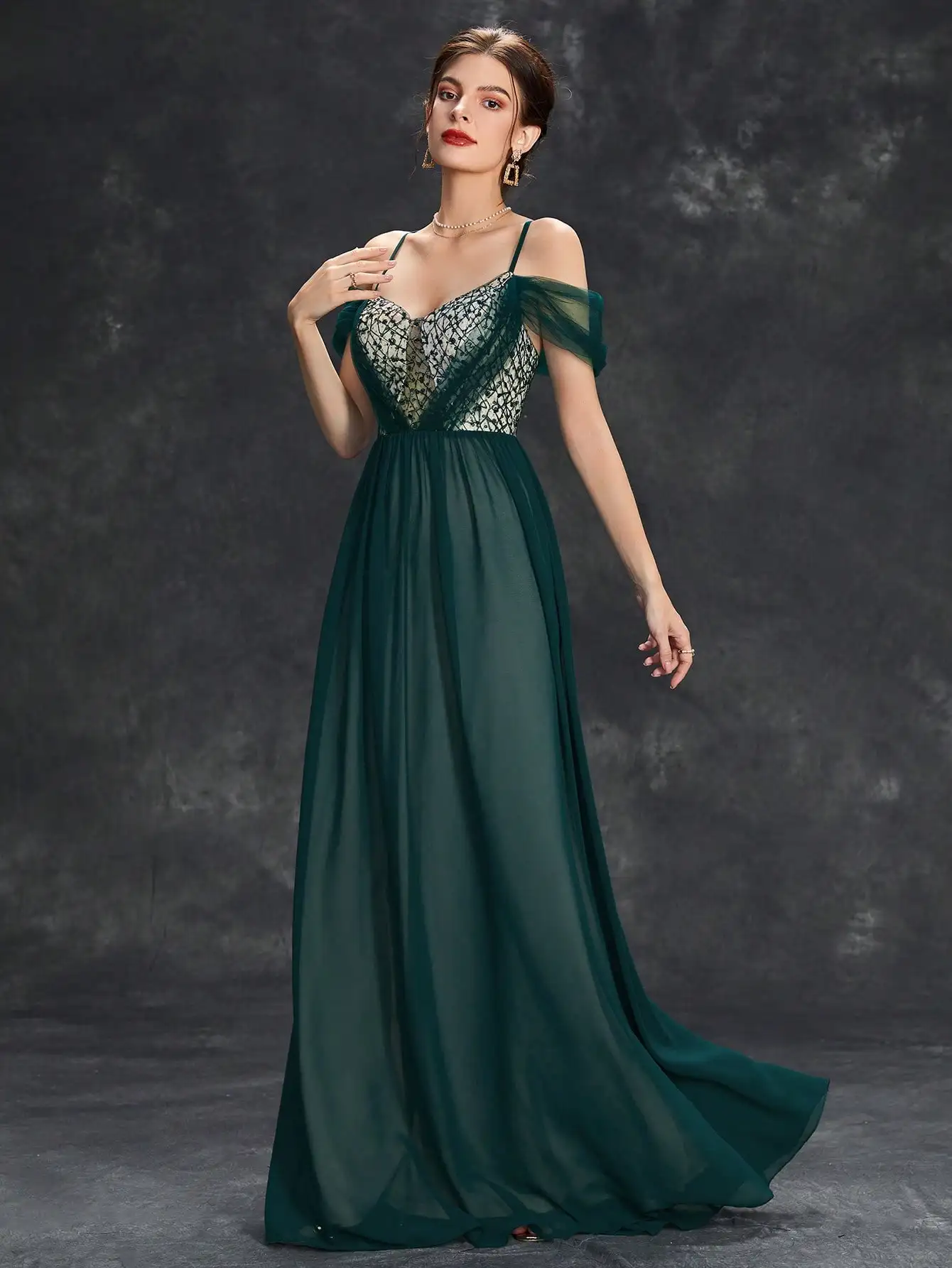 Mgiacy-プリーツシフォンスカート,Vネック,スパンコール,カットアウト,メッシュ,イブニングドレス,ウエディングドレス,イブニングドレス