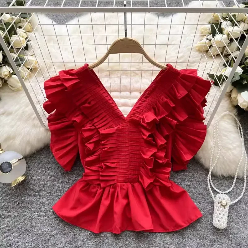 

Summer New Women V-neck Blouses Slim Waist Ruched Ruffles Shirts Female Y2k Sleeveless Single Breasted Tops