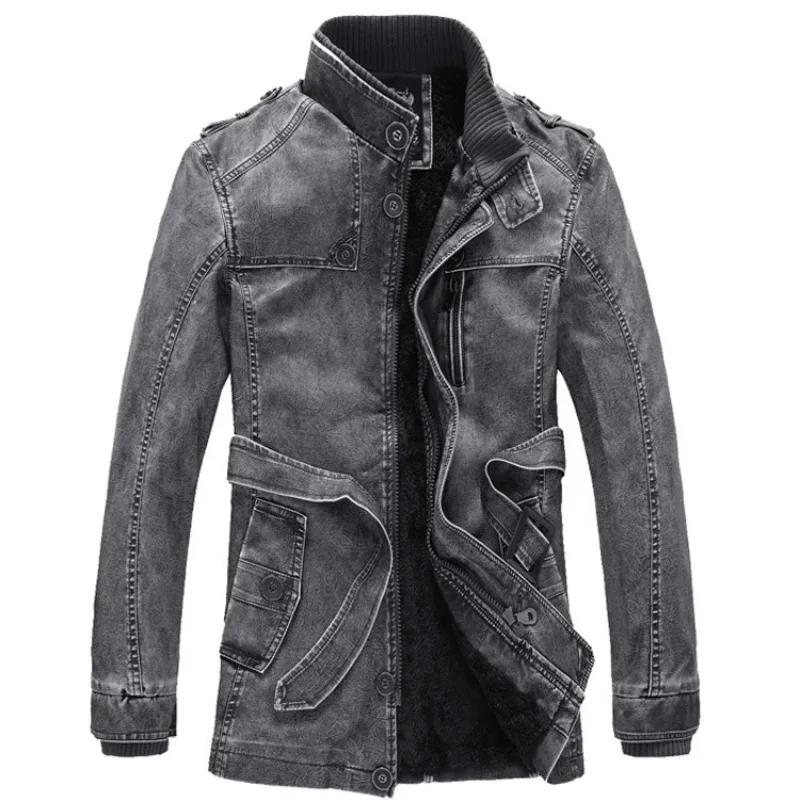 

Medium and Long Stand-up Collar PU Leather Jacket, Personalized Washed Men's Locomotive Leather Jacket and Fleece Jacket