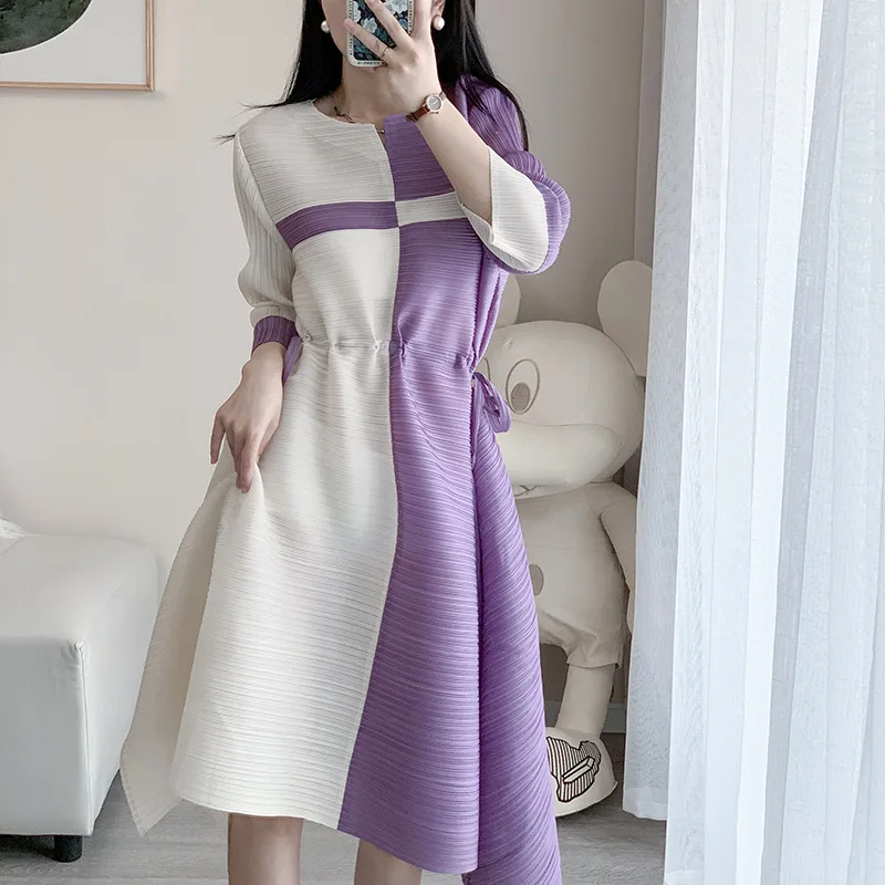 

2022 summer printed belt loose thin long dress miyake pleated casual basic folda niche slim dress for women