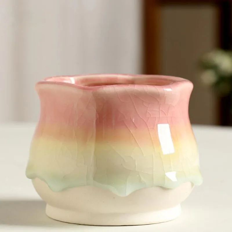 Porcelain Rainbow Glazed Flowerpot Ice Crack Succulent Plant Bonsai Vase Desktop Ornaments Gardening Art Home Decor