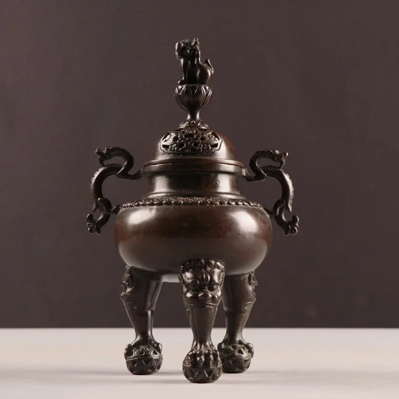 Copper , Three-Legged Double-Ear Incense Burner, Metal Craft Ornament For Home And Office