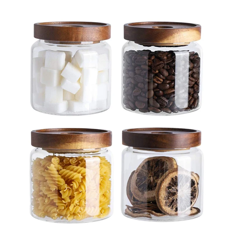 1Pc Glass Kitchen Storage Jar Wood Lid Borosilicate Glass Food Storage Jar Sugar Spice Jar Glass Canister Food Storage Container