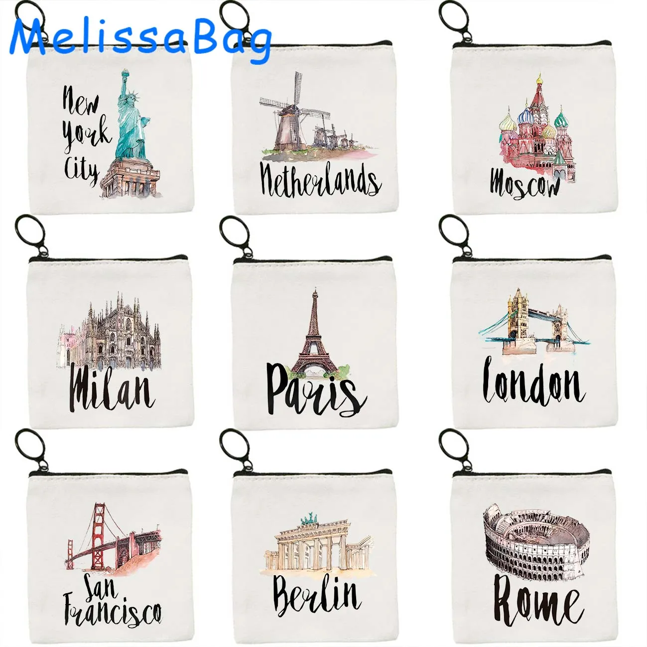 Milan Moscow Netherlands New York Paris Taj Mahal Egypt Rome San Francisco Berlin London LosAngels Coin Purse Key Case Bag Pouch