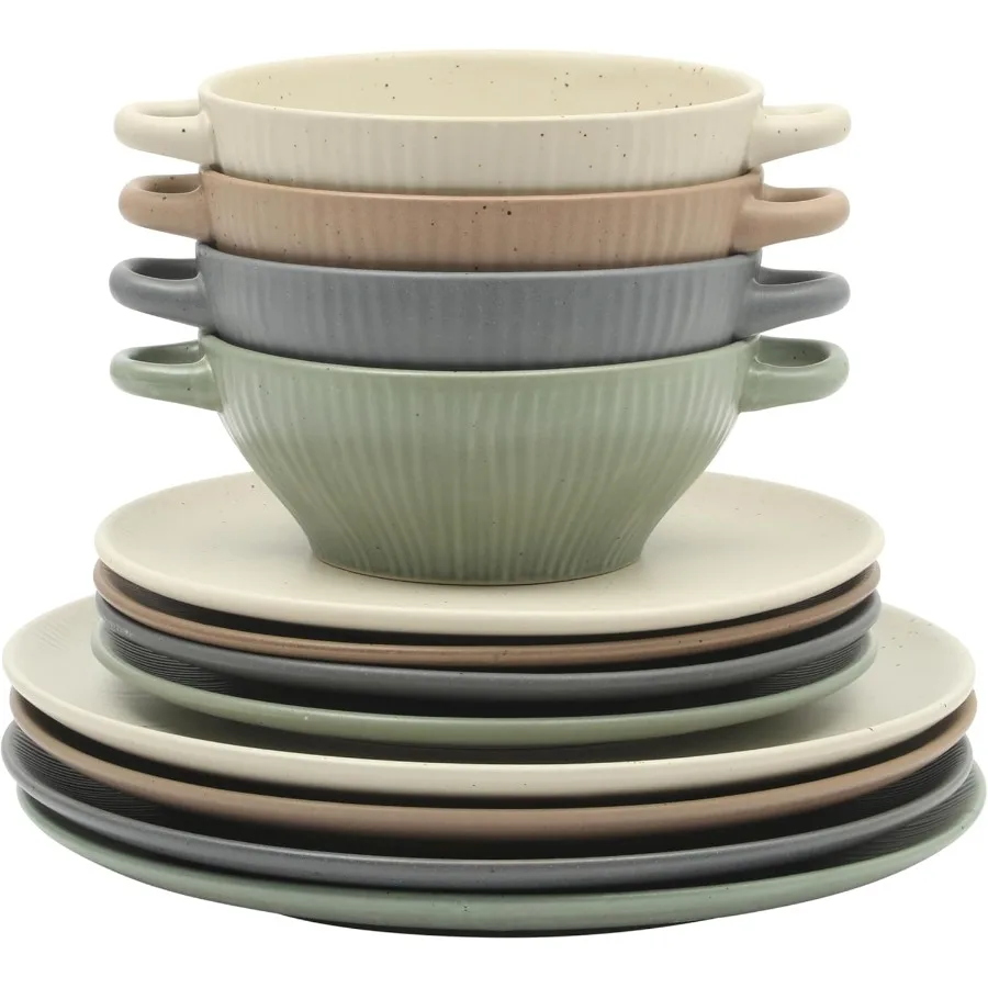 

Clover Hill 12Piece Stoneware Dinnerware Set Assorted Colors in Sage Green Charcoal Taupe Cream Embossed Reactive Glaze Plates