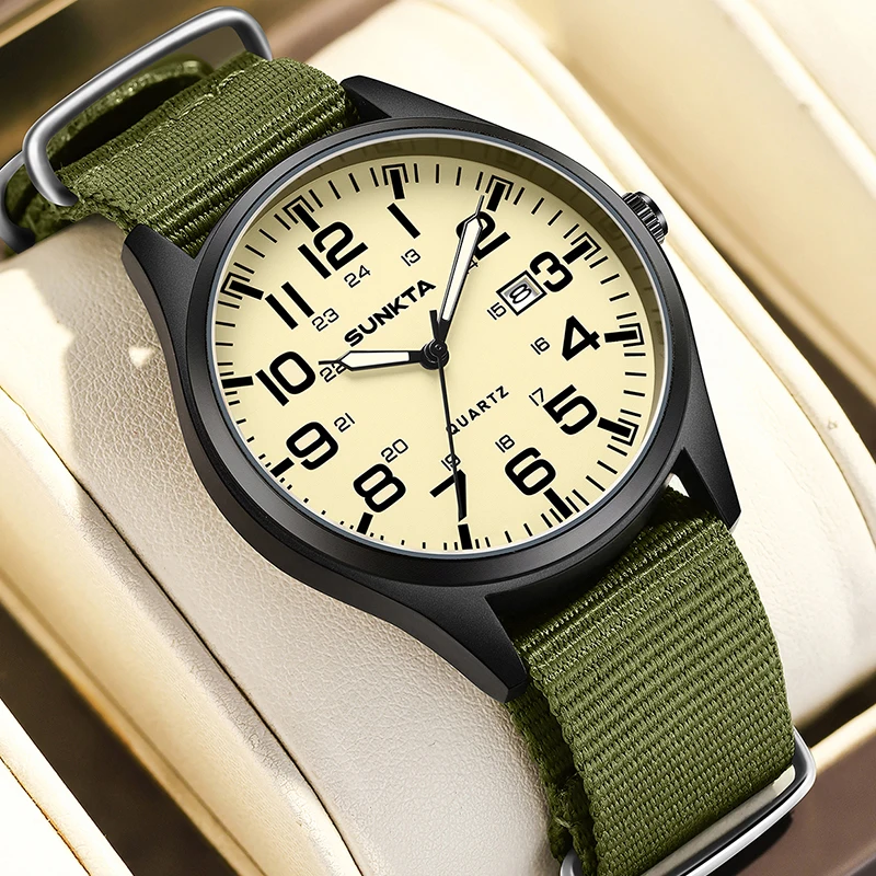 SUNKTA جديد ساعات المعصم الرجالية الكوارتز موضة الأسبوع العسكري تاريخ ساعة الرجال النايلون مقاوم للماء مضيئة كرونوغراف Montre أوم + صندوق #3