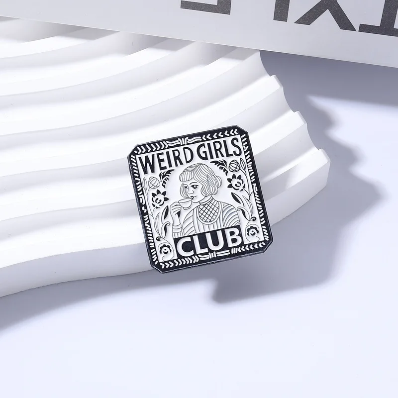 Retro Quirky Girl Club Badge Black and White Line Art Style Lacquered Pin Bag Clothing Accessories