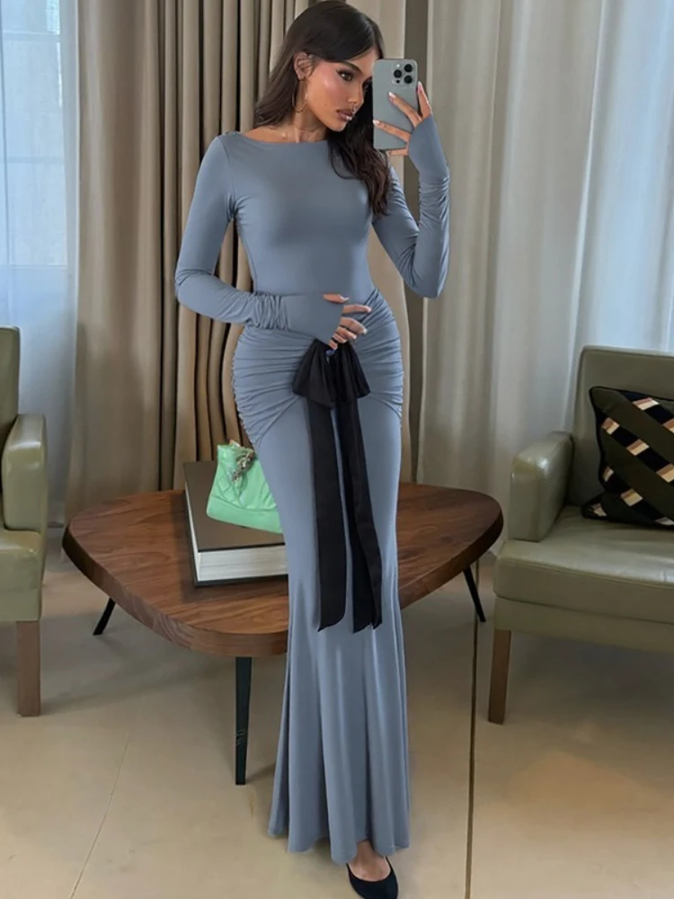 FDYOUI Elegant Long Sleeve Folds Evening Dresses for Women Chic Tunics Ruched Bowknot Long Maxi Party Prom Dress Vacation Outfit
