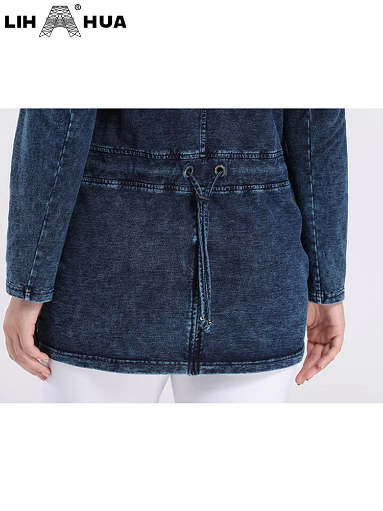 LIH HUA feminino plus size denim jaqueta outono alta elasticidade algodão malha manga longa casual moda jaqueta