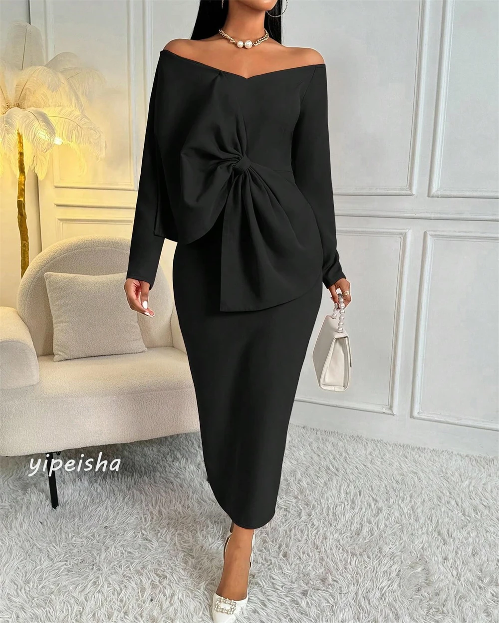 Jersey Bow Ruched Christmas A-line Off-the-shoulder Bespoke Occasion Gown Midi Dresses