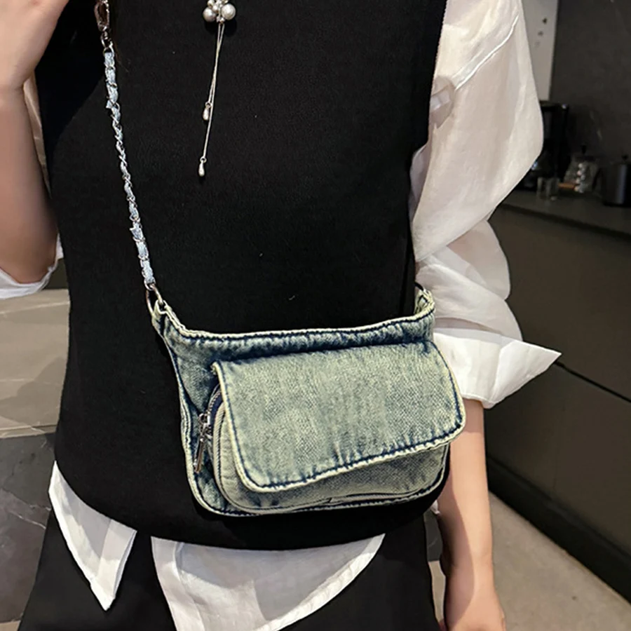 Retro denim fabric handbag feminine laid-back style chain shoulder crossbody bag for students commuting casual simple waist bag
