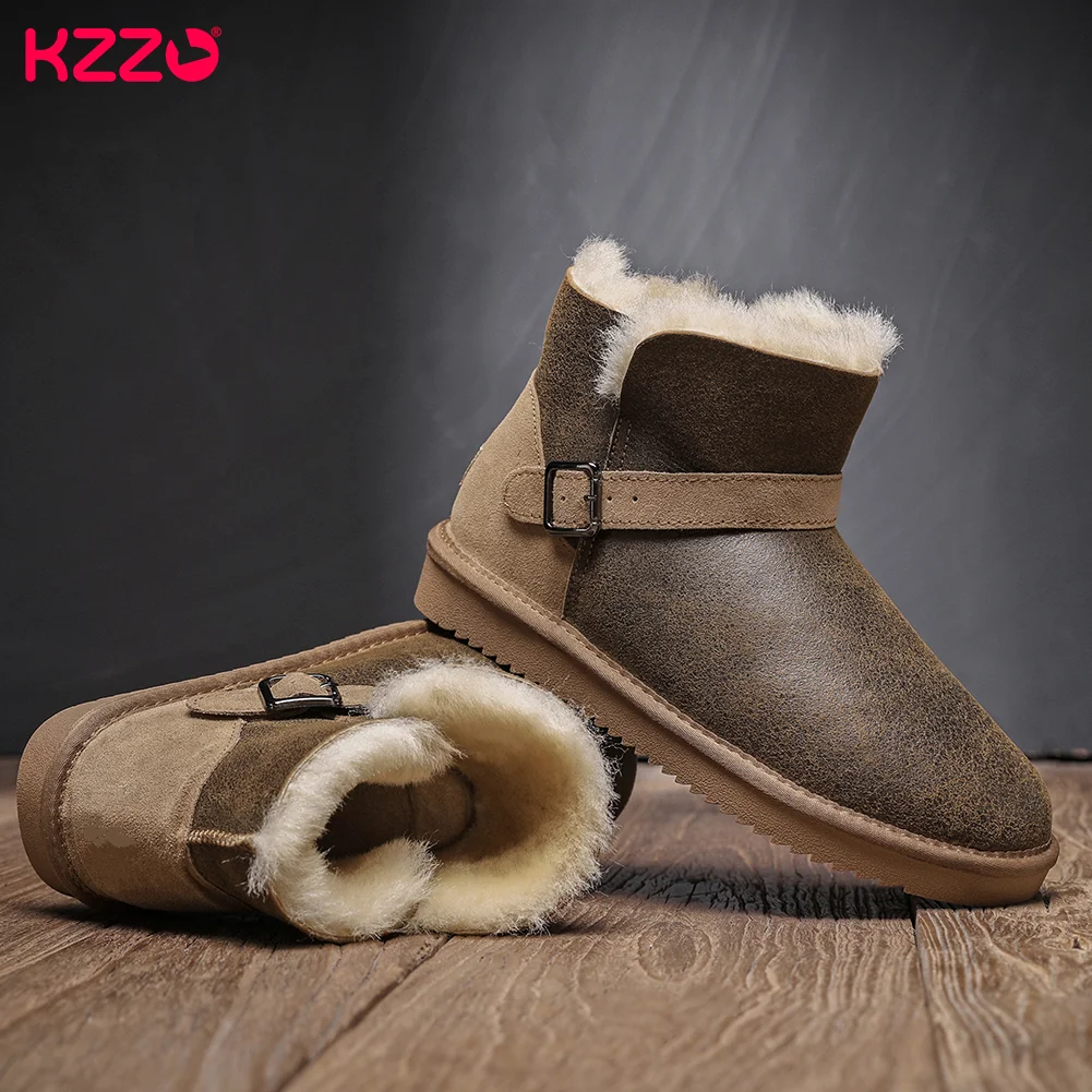 KZZO Men\'s Size 37-48 Australia Snow Boots Winter Waterproof Sheepskin Leather Natural Fur Wool Lined Ankle Warm Shoes Black