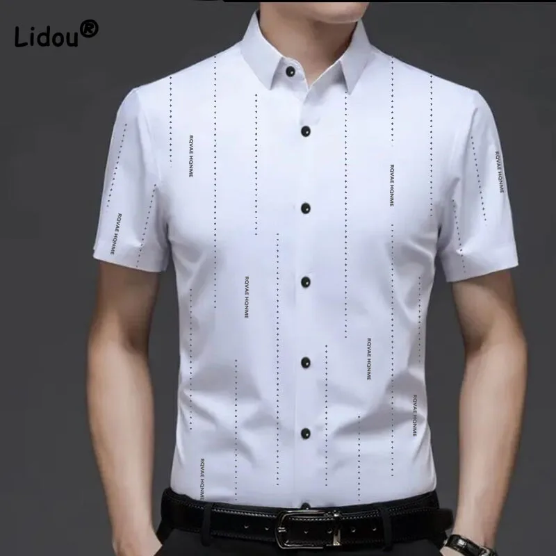 Business Office Casual Short Sleeve Printed Shirt for Men 2023 Summer Male Clothes All-match Single-breasted Polo-Neck Shirt