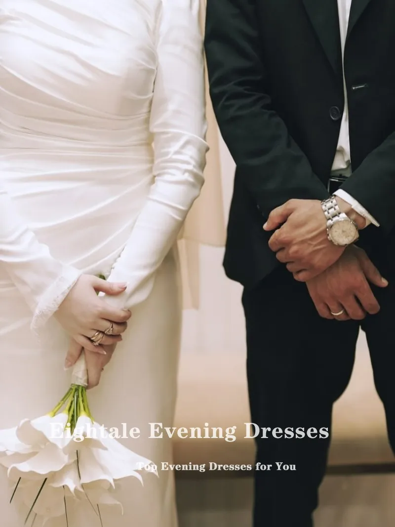 Eightale Arabic Wedding Dress O-Neck Customized Ivory Satin Long Sleeves Pleat Muslim Bridal Gown Mermaid Bride Party Dress