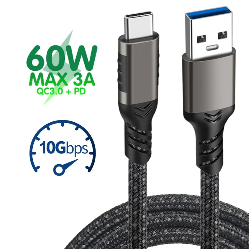 

Type C to USB A Cable PD 60W/3A USB3.2 Gen2 10Gbps Data Transfer SSD Hard Disk QC 3.0 Fast Charging Cord for Samsung Huawei