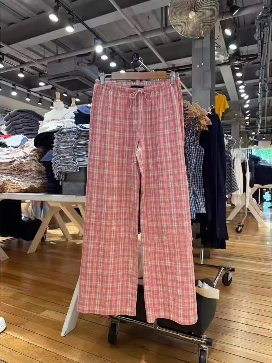 Pantaloni Casual da Donna American Sle Brandy Melville, Rosa a Quadri, Vita Elastica, Modellanti, Versatili, Lunghi, in Cotone, Taglio Dritto